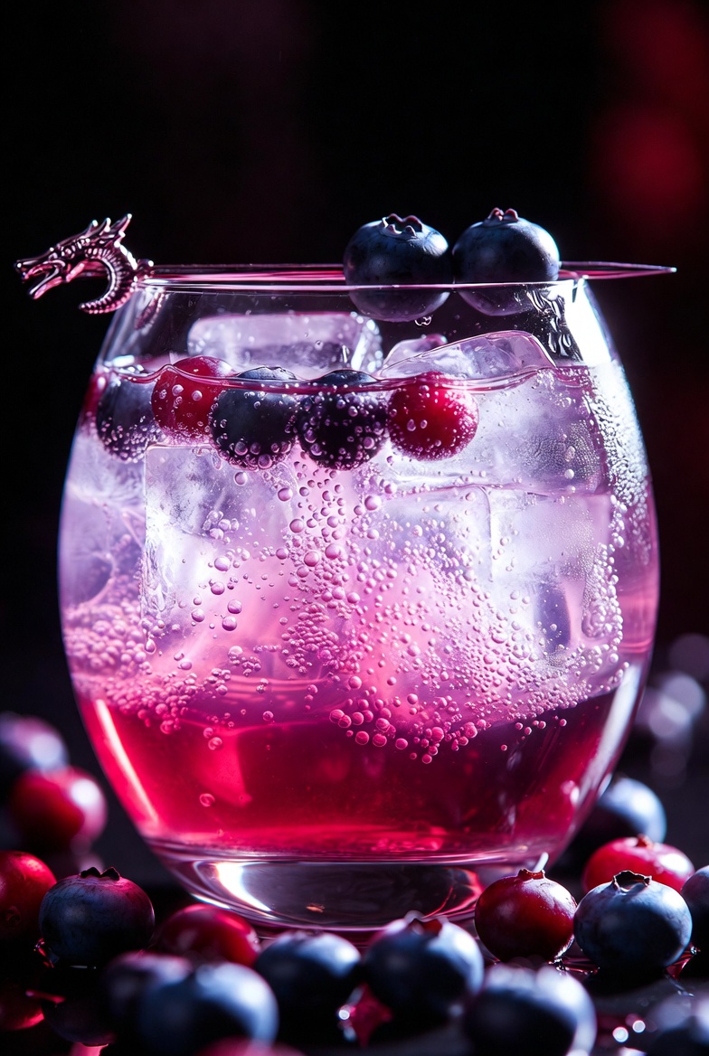 Cranbluie Evening To You — fizzy berry cross in a highball glass with hybrid berries and dragon toothpick